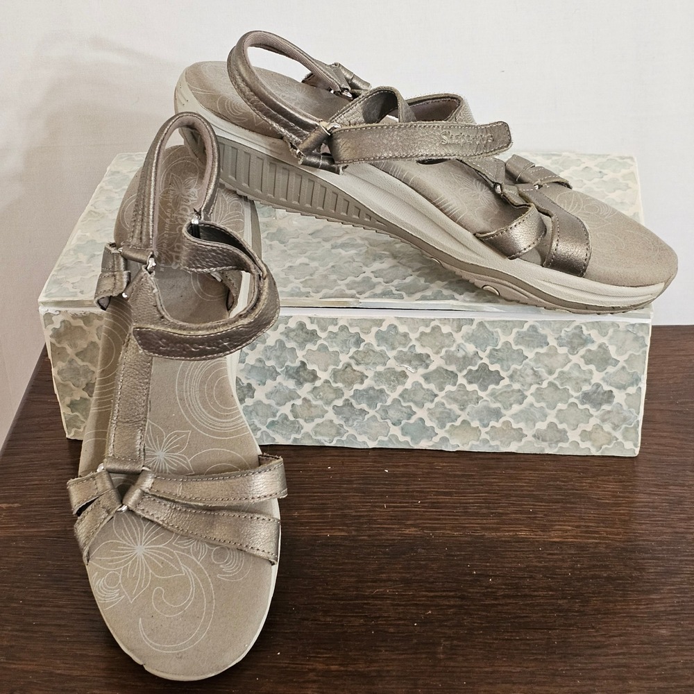 Skechers Shape-ups Metallic Pewter Leather Rocker Bottom Sandals SN 12291 W10